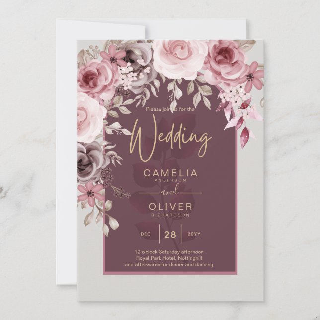 LeahG Burgundy  Rosa ros Fall Wedding Inv. Inbjudningar (Framsida)