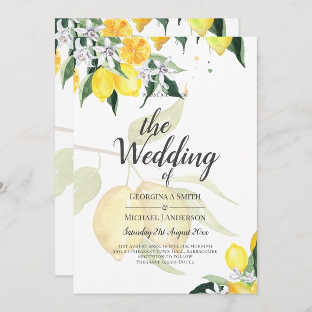 LeahG Citrus Gult Lemons Bröllopsinbjudan (Fram/baksida)