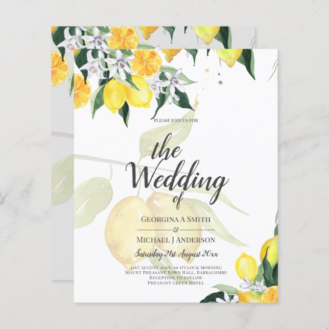 LeahG Citrus Gult Lemons Bröllopsinbjudan (Fram/baksida)