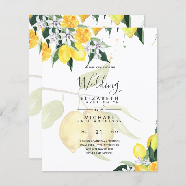 LeahG Citrus Gult Lemons Bröllopsinbjudan (Fram/baksida)