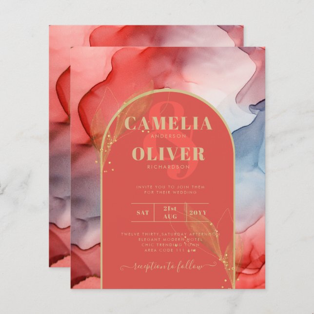 LeahG Coral Navy Blue Guld BLÄCK Wedding INVITE (Fram/baksida)