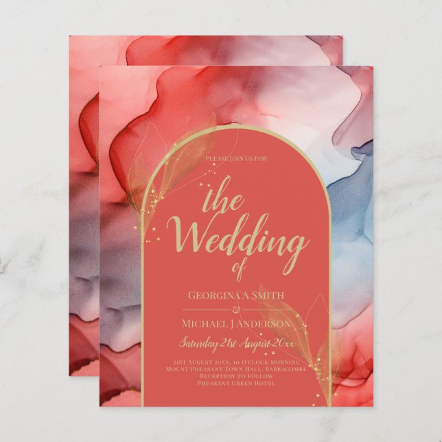 LeahG Coral Navy Blue Guld BLÄCK Wedding INVITE (Fram/baksida)
