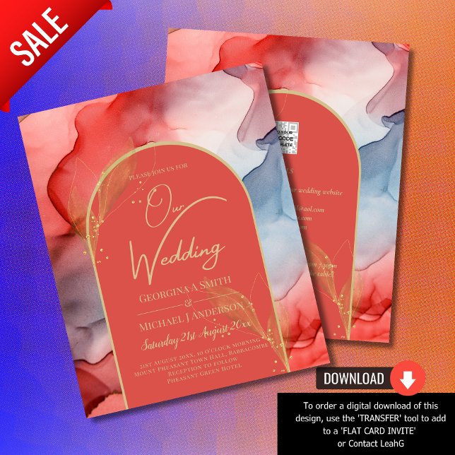 LeahG Coral Navy Blue Guld BLÄCK Wedding INVITE Flygblad (Skapare uppladdad)