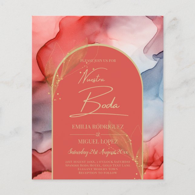 LeahG Coral Navy Blue Guld BLÄCK Wedding INVITE Flygblad (Framsidan)