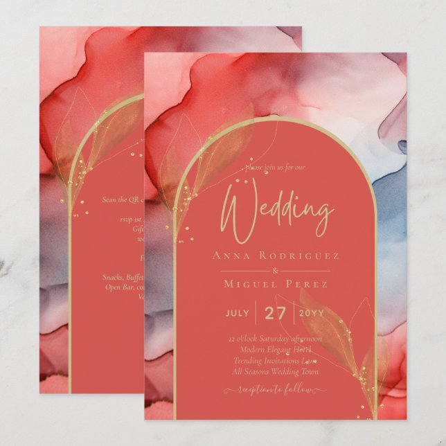 LeahG Coral Navy Blue Guld BLÄCK Wedding INVITE Inbjudningar (Fram/baksida)