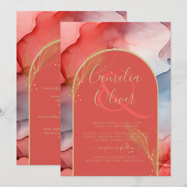 LeahG Coral Navy Blue Guld BLÄCK Wedding INVITE Inbjudningar (Fram/baksida)