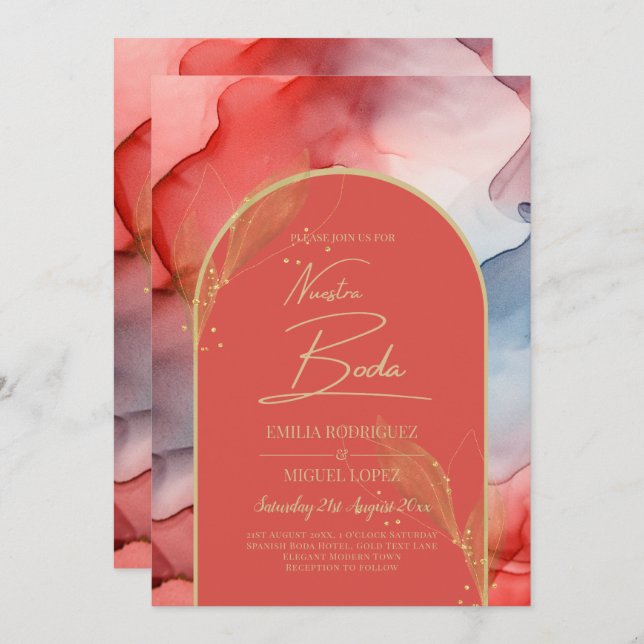 LeahG Coral Navy Blue Guld BLÄCK Wedding INVITE Inbjudningar (Fram/baksida)