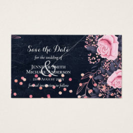 LeahG Denim Blue Rosegold Rosa Blommigt Bröllop Visitkort