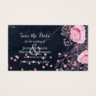 LeahG Denim Blue Rosegold Rosa Blommigt Bröllop Visitkort
