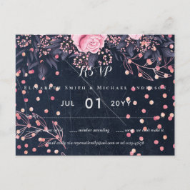 LeahG Denim Blue Rosegold Rosa Blommigt Bröllop Vykort