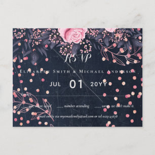 LeahG Denim Blue Rosegold Rosa Blommigt Bröllop Vykort