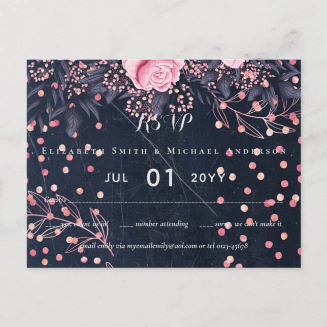 LeahG Denim Blue Rosegold Rosa Blommigt Bröllop Vykort (Framsida)
