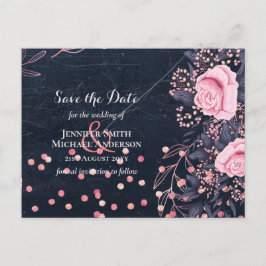 LeahG Denim Blue Rosegold Rosa Blommigt Bröllop Vykort