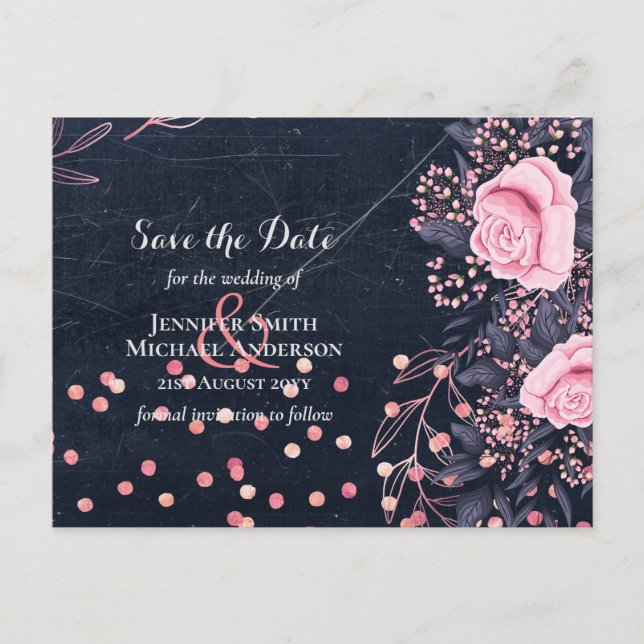 LeahG Denim Blue Rosegold Rosa Blommigt Bröllop Vykort (Framsida)