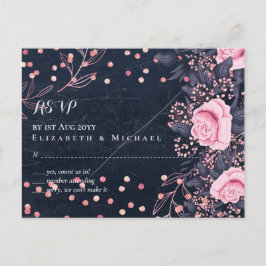 LeahG Denim Blue Rosegold Rosa Blommigt Bröllop Vykort