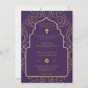LeahG Elegant Lila Guld katolska Bröllop Inbjudningar