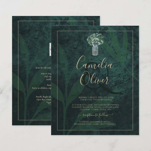 LeahG Emerald Forest Grönt Wedding INVITE (Fram/baksida)