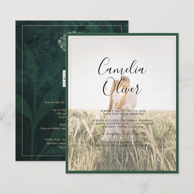 LeahG Emerald Forest Grönt Wedding INVITE (Fram/baksida)