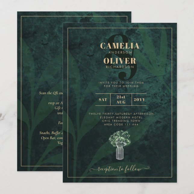 LeahG Emerald Forest Grönt Wedding INVITE Inbjudningar (Fram/baksida)