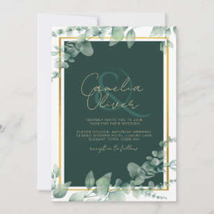 LeahG Eucalyptus Greenery Guld BRÖLLOP QR CODE Inbjudningar