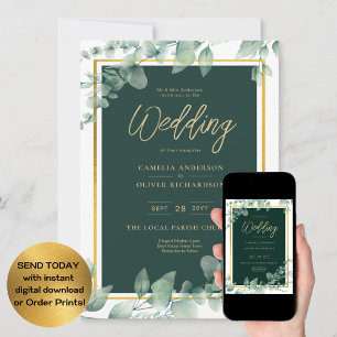 LeahG Eucalyptus Greenery Guld BRÖLLOP QR CODE Inbjudningar