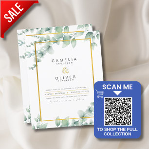 LeahG Eucalyptus Greenery Guld BRÖLLOP QR CODE Inv Inbjudningar