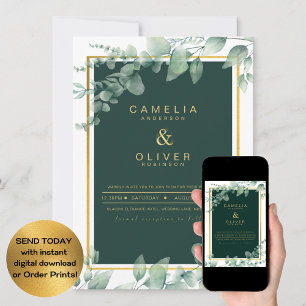 LeahG Eucalyptus Greenery Guld BRÖLLOP QR CODE Inv Inbjudningar