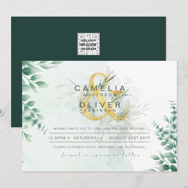 Leahg Eukalyptus Grönska Guld Bröllop QR KOD INNE Inbjudningar (Fram/baksida)
