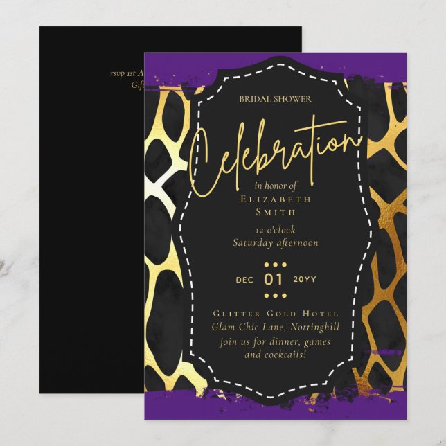 LeahG Glam Guld Lila Animal Prints Möhippa Inbjudningar (Fram/baksida)