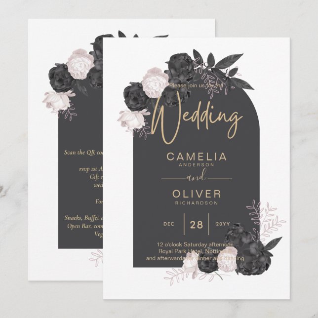 LeahG Grått Rosa ros Modern Fall Winter Wedding Inbjudningar (Fram/baksida)
