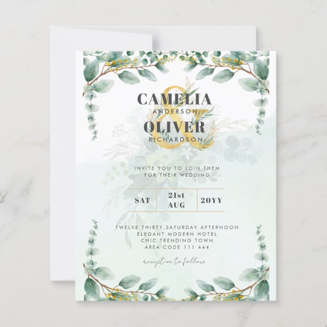 LeahG Greenery Eucalyptus Guld bröllopsinbjudan QR (Framsida)