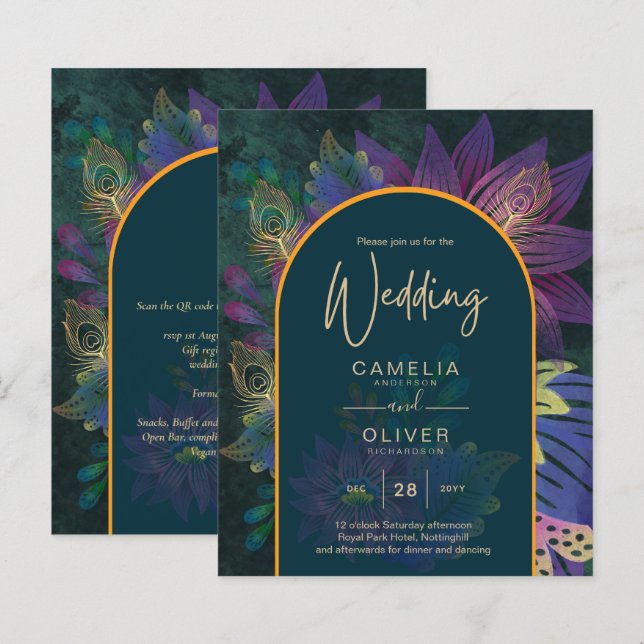 LeahG Grön Lila Guld JEWEL TONES Bröllops INVITATI (Fram/baksida)
