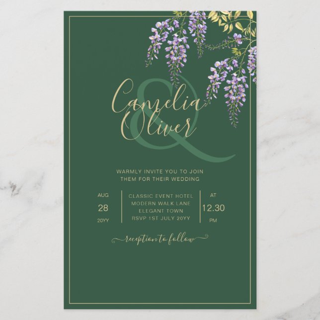 LeahG Grön Lila WISTERIA Bröllops INVITATION Flygblad (Framsidan)