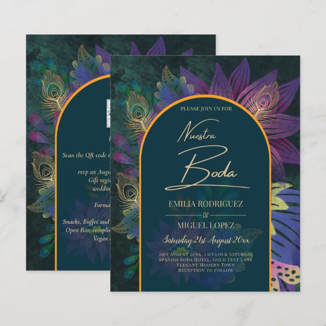 LeahG Grönt Lila Guld JEWEL TONES Wedding INVITE (Fram/baksida)