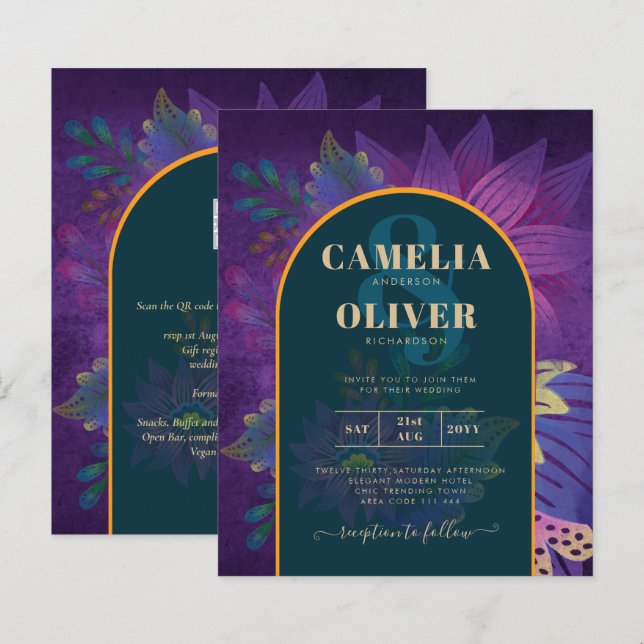 LeahG Grönt Lila Guld JEWEL TONES Wedding INVITE (Fram/baksida)