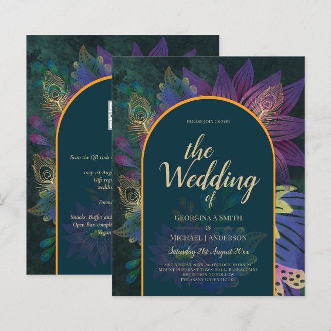 LeahG Grönt Lila Guld JEWEL TONES Wedding INVITE (Fram/baksida)