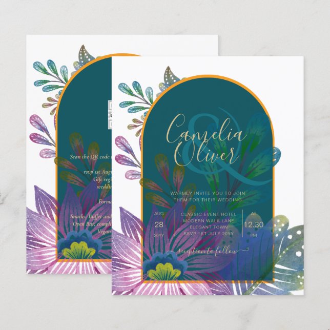 LeahG Grönt Lila Guld JEWEL TONES Wedding INVITE (Fram/baksida)