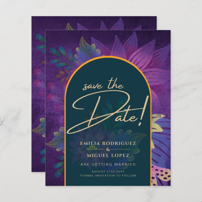LeahG Grönt Lila Guld JEWEL TONES Wedding INVITE (Fram/baksida)