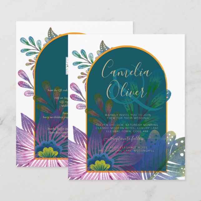 LeahG Grönt Lila Guld JEWEL TONES Wedding INVITE (Fram/baksida)