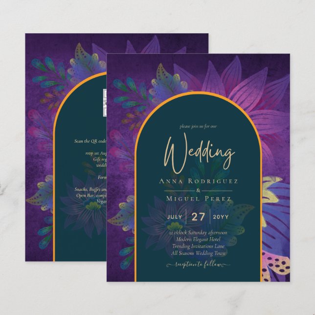 LeahG Grönt Lila Guld JEWEL TONES Wedding INVITE (Fram/baksida)
