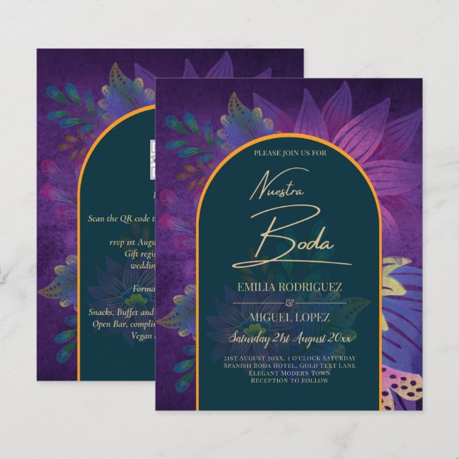 LeahG Grönt Lila Guld JEWEL TONES Wedding INVITE (Fram/baksida)