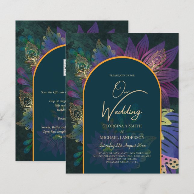 LeahG Grönt Lila Guld JEWEL TONES Wedding INVITE (Fram/baksida)