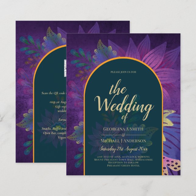 LeahG Grönt Lila Guld JEWEL TONES Wedding INVITE (Fram/baksida)