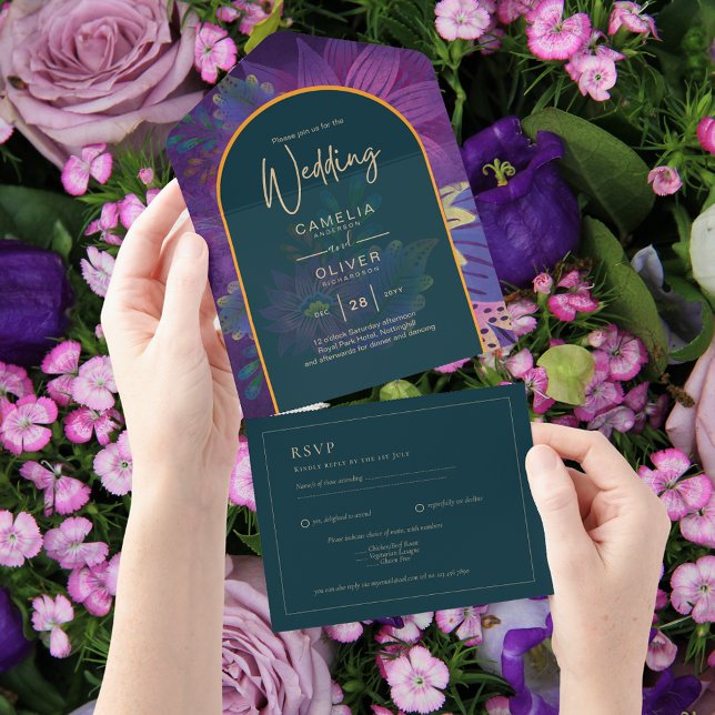 LeahG Grönt Lila Guld JEWEL TONES Wedding INVITE (Skapare uppladdad)