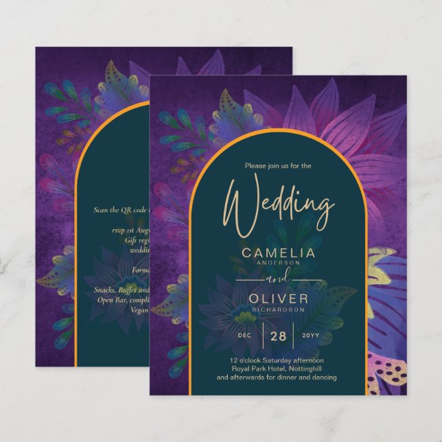 LeahG Grönt Lila Guld JEWEL TONES Wedding INVITE (Fram/baksida)