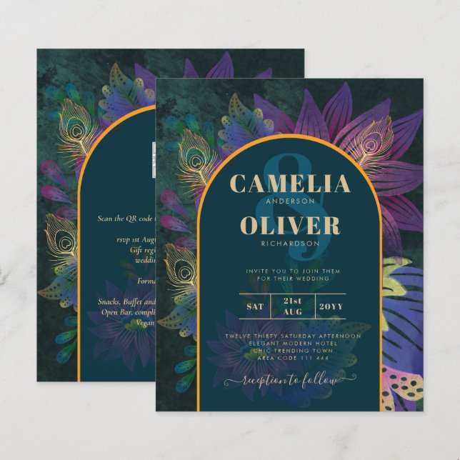 LeahG Grönt Lila Guld JEWEL TONES Wedding INVITE (Fram/baksida)