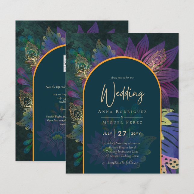 LeahG Grönt Lila Guld JEWEL TONES Wedding INVITE (Fram/baksida)