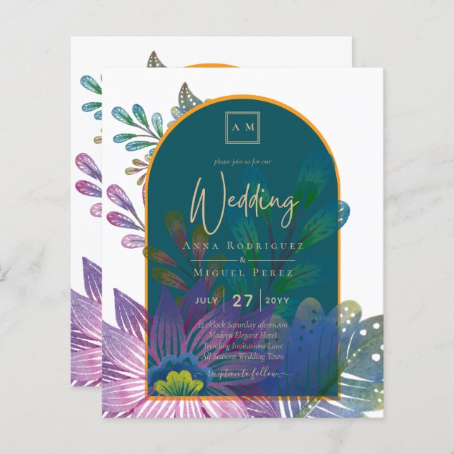 LeahG Grönt Lila Guld JEWEL TONES Wedding INVITE (Fram/baksida)