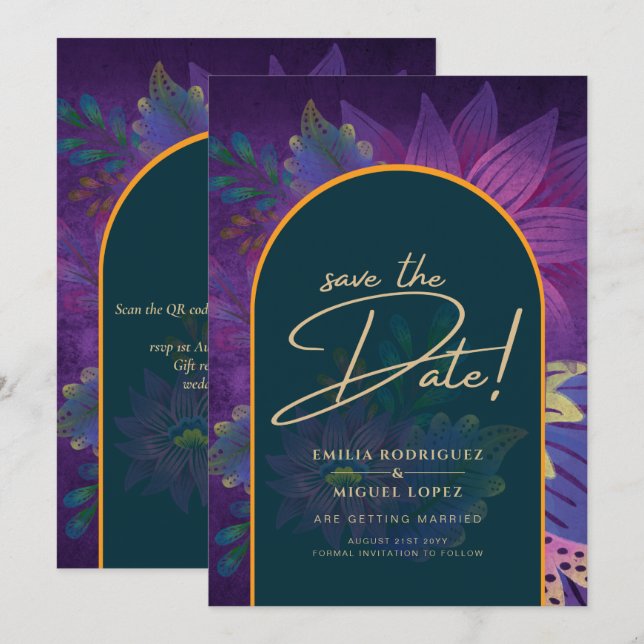 LeahG Grönt Lila Guld JEWEL TONES Wedding INVITE Inbjudningar (Fram/baksida)