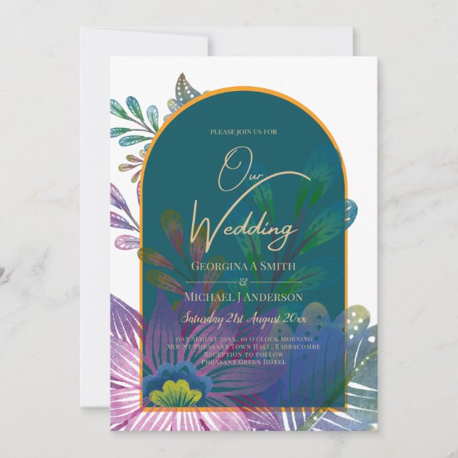 LeahG Grönt Lila Guld JEWEL TONES Wedding INVITE Inbjudningar (Framsida)